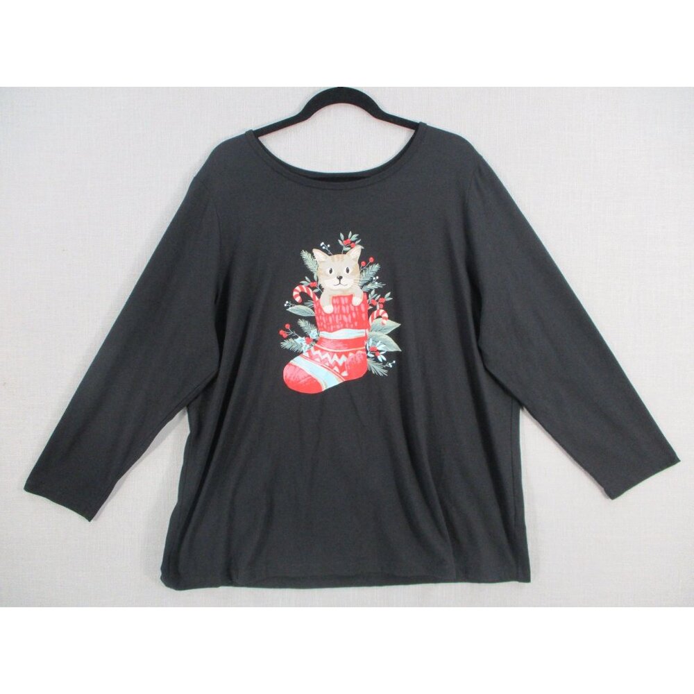 Woman Within‎ Black Long Sleeve Christmas Cat Graphic Top 1X Cotton Blend